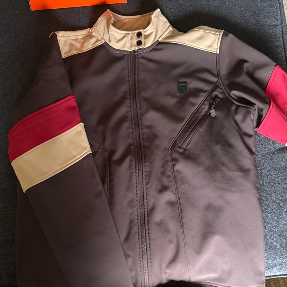 Men's Brown Bomber Jacket with Cream Shoulder Panels and Red Sleeve Bands